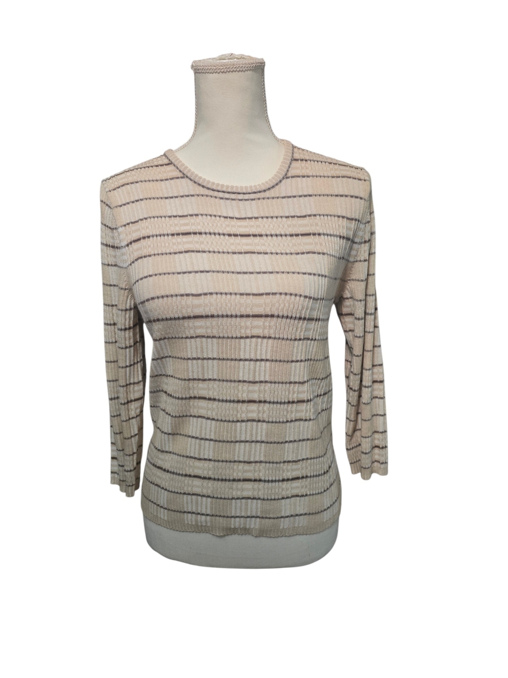 Vince Cream Ribbed Quarter-Sleeve Crewneck Top with Brown Stripes - Picture 3 of 7